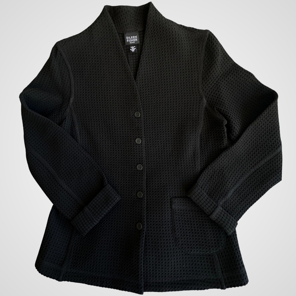 Eileen Fisher Petite Black Waffle Knit Button Front Jacket Italian Fabric PS
